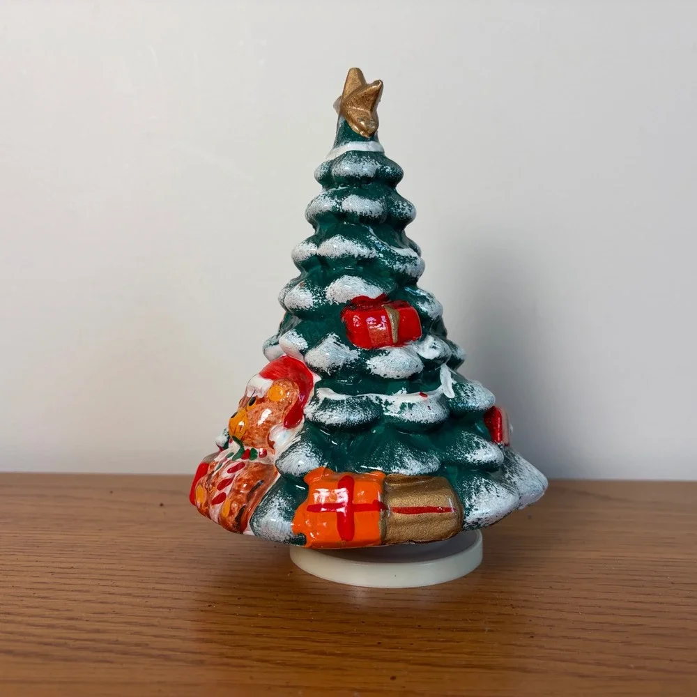 Vintage Hand Painted Ceramic Musical Christmas Tree Jingle Bells Teddy Bear